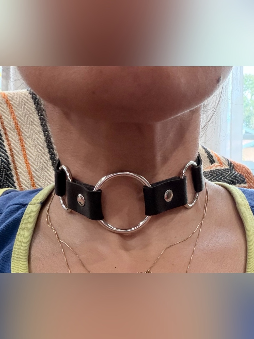 Black Leather Choker Necklace with Silver Rings - Unbranded